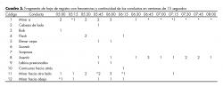 Fragmento de hoja de registro con frecuencias y continuidad de las conductas en ventanas de 15 segundos.